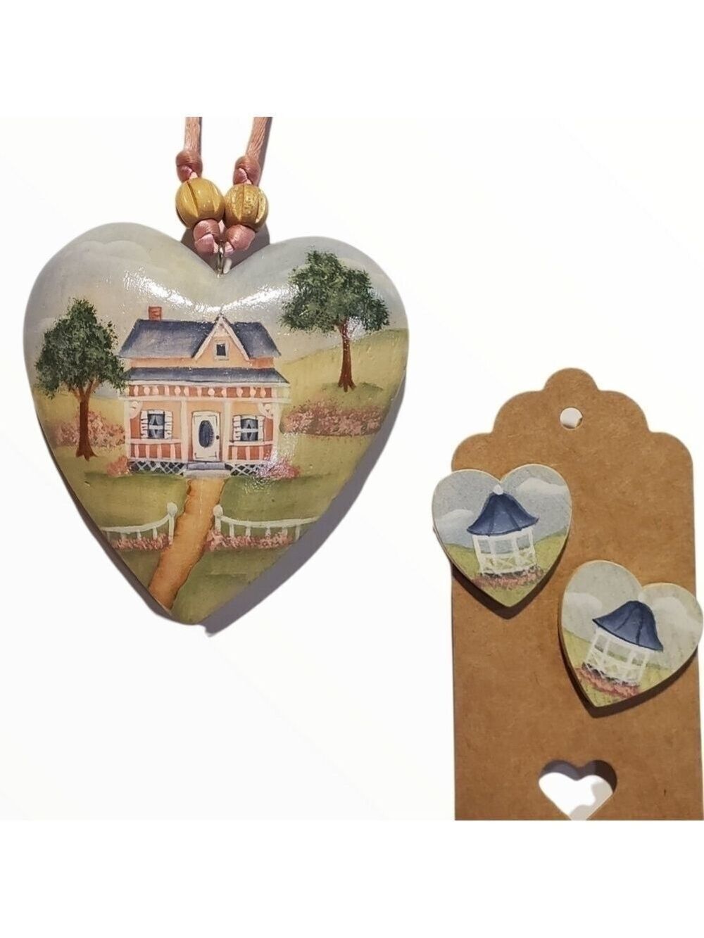 Vintage Country cottage handpainted wood Heart necklace earrings set